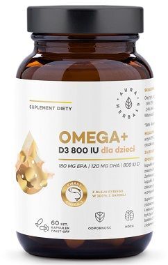 Aura Herbals, Omega + Witamina D3 800 IU, dla dzieci od 1 roku życia, 60 kapsułek twist-off