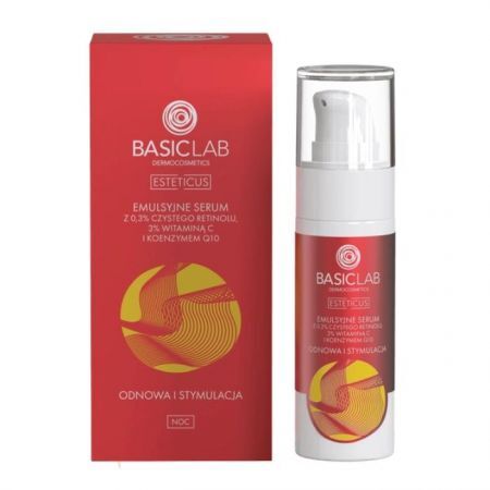 BasicLab Esteticus, Odnowa i Stymulacja, emulsyjne serum z 0,3% czystego retinolu, 3% witaminą C i koenzymem Q10, na noc, 30ml