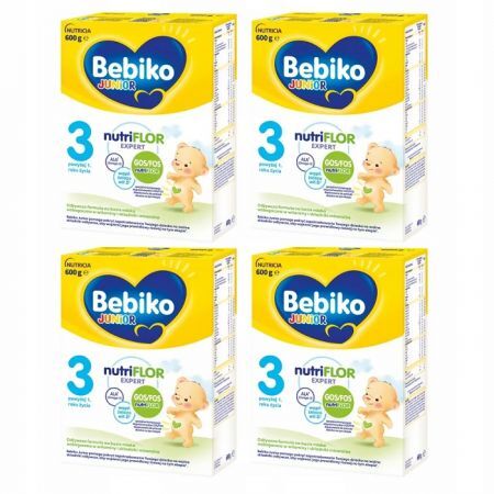 Bebiko Junior 3 NutriFlor Expert, formuła na bazie mleka, po 1 roku życia, czteropak (4x600g)