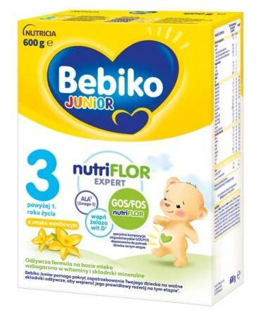 Bebiko Junior 3 NutriFlor Expert, formuła na bazie mleka, po 1 roku życia, o smaku waniliowym, 600g