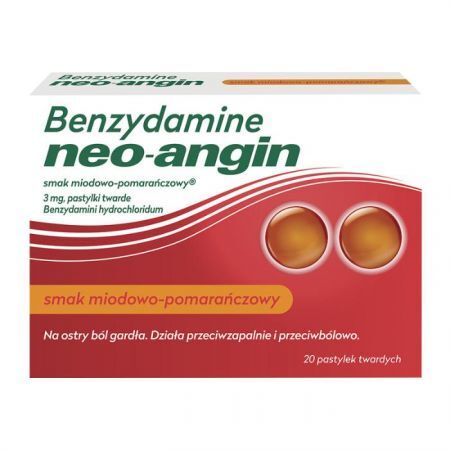 Benzydamine Neo-Angin 3mg, smak miodowo-pomarańczowy, po 6 roku życia, 20 pastylek do ssania