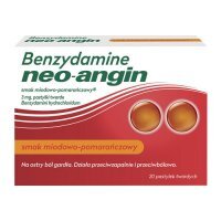 Benzydamine Neo-Angin 3mg, smak miodowo-pomarańczowy, po 6 roku życia, 20 pastylek do ssania