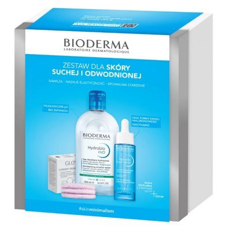 Bioderma Hydrabio, Hyalu+, serum, 30ml + H2O, płyn micelarny, 500ml + Glov, płatki kosmetyczne, 3 sztuki