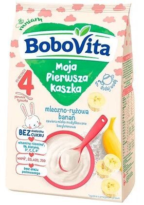 BoboVita Moja Pierwsza Kaszka, kaszka mleczno-ryżowa bananowa, bez cukru, po 4 miesiącu życia, 230g KRÓTKA DATA 15/07/2022