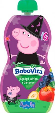 BoboVita, Świnka Peppa, mus owocowy, jagody i jabłka z bananem, po 6 miesiącu, 100g