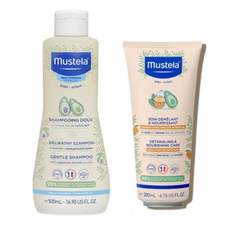 BRAK KARTONIKA Mustela Bebe Enfant, szampon z awokado, od 1 dnia życia, 500ml + odżywka 2w1 ułatwiająca rozczesywanie, 200ml