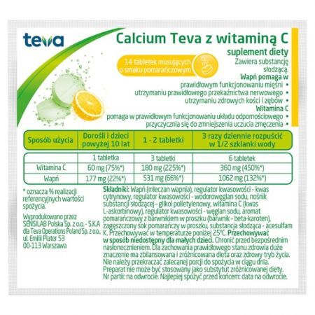Calcium Teva z witaminą C, smak pomarańczowy, 12+2 tabletki musujące