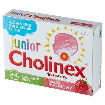 Cholinex Junior, smak malinowy, od 4 roku życia, 16 pastylek do ssania