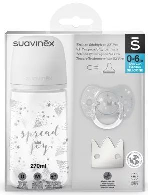 DATA 05/2026 Suavinex, Spread Joy, butelka, 270ml + smoczek uspokajający, silikonowy 0-6 miesięcy + łańcuszek do smoczka, szara korona