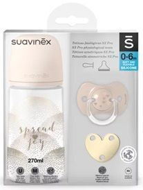 DATA 05/2026 Suavinex, Spread Joy, butelka, 270ml + smoczek uspokajający, silikonowy 0-6 miesięcy + łańcuszek do smoczka, beżowe serce
