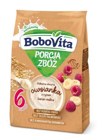 DATA 06/08/2026 BoboVita Porcja Zbóż, delikatna mleczna owsianka z ryżem, malina i banan, po 6 miesiącu, 210g