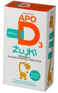DATA 07/2026 ApoD3 Żujki, witamina D3 800 j.m., dla dzieci powyżej 3 roku życia, smak pomarańczowy, 30 kapsułek do żucia
