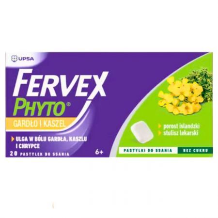 DATA 07/2026 Fervex Phyto, kaszel i gardło, pastylki do ssania, bez cukru, po 6 roku życia, 20 pastylek do ssania