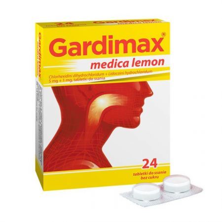 DATA 08/2026 Gardimax medica lemon (5mg+1mg), bez cukru, 24 tabletki do ssania