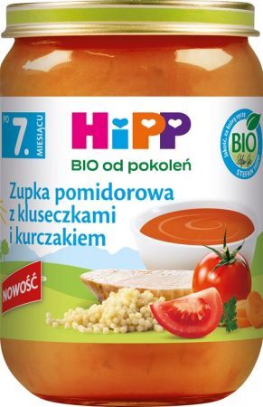 DATA 08/2026 Hipp, zupka pomidorowa z kluseczkami i kurczakiem, Bio, po 7 miesiącu, 190g