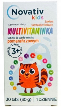 DATA 08/2026 Novativ Kids, Multiwitaminka, tabletki do ssania, smak pomarańczowy, po 3 roku życia, 30 sztuk