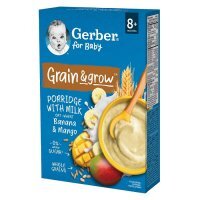 DATA 12/2025 Gerber for Baby, Grain & Grow, kaszka mleczna, owsiano-pszenna, banan i mango, po 8 miesiącu, 200g