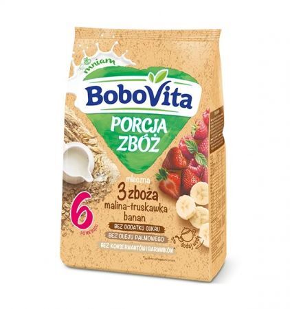 DATA 18/07/2026 BoboVita Porcja Zbóż, kaszka mleczna 3 zboża, malina, truskawka, banan, po 6 miesiącu życia, 210g