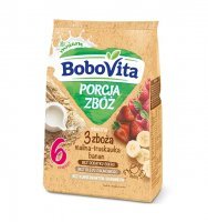 DATA 18/07/2026 BoboVita Porcja Zbóż, kaszka mleczna 3 zboża, malina, truskawka, banan, po 6 miesiącu życia, 210g