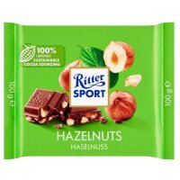 DATA 20/08/2026 Ritter Sport, Hazelnuts, czekolada mleczna z siekanymi prażonymi orzechami laskowymi, 100g