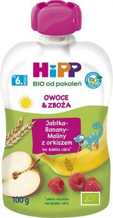 DATA 24/08/2026 Hipp, jabłka, banany, maliny z orkiszem, Bio, po 6 miesiącu, 100g