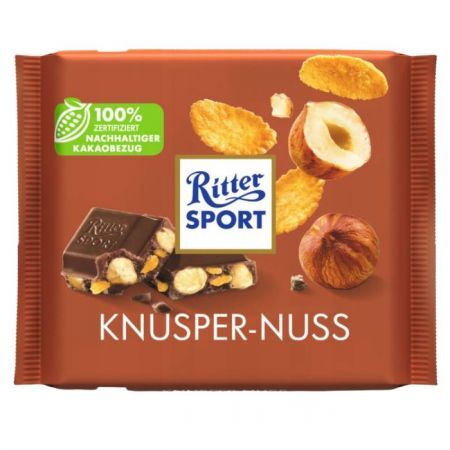 DATA 24/08/2026 Ritter Sport, Crunchy Nut, czekolada mleczna z całymi prażonymi orzechami laskowymi i płatkami kukurydzianymi, 100g