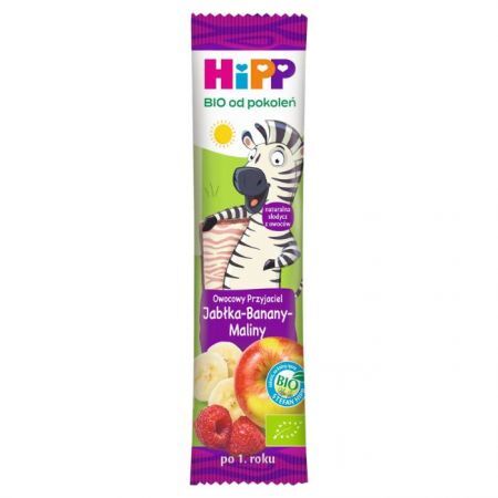 DATA 29/08/2026 Hipp, Owocowy Przyjaciel, miękki batonik owocowy, jabłka, banany, maliny, Bio, po 1 roku życia, 23g