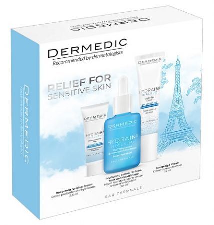 Dermedic, Hydrain3 Hialuro, serum nawadniające do twarzy, szyi i dekoltu, 30ml +  krem pod oczy, 15ml + krem dogłębnie nawilżający, 2,5ml
