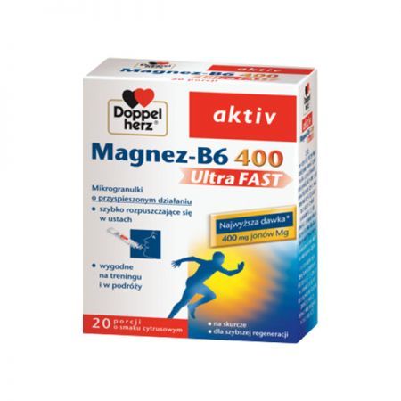 Doppelherz Aktiv, Magnez-B6 400 UltraFast, mikrogranulki, 20 saszetek
