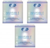 Durex, prezerwatywy lateksowe Invisible, dodatkowo nawilżane, 3 opakowania po 3 sztuki