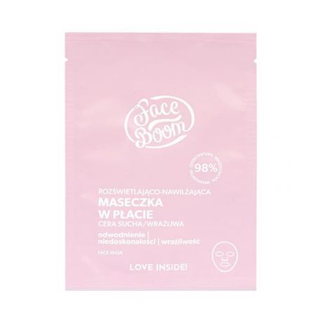 FaceBoom Love Inside, rozświetlająco-nawilżająca maseczka w płacie, cera matowa, ziemista i niedotleniona, 1 sztuka
