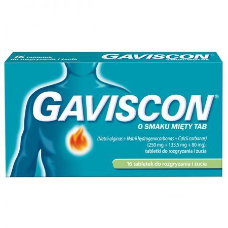 Gaviscon (250mg+133,5g+80mg), smak miętowy, 16 tabletek do rozgryzania i żucia