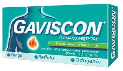 Gaviscon (250mg+133,5g+80mg), smak miętowy, 24 tabletki do rozgryzania i żucia