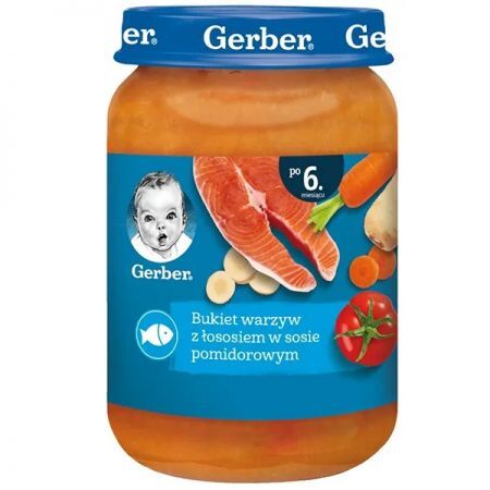 Gerber, bukiet warzyw z łososiem w sosie pomidorowym, po 6 miesiącu, 190g