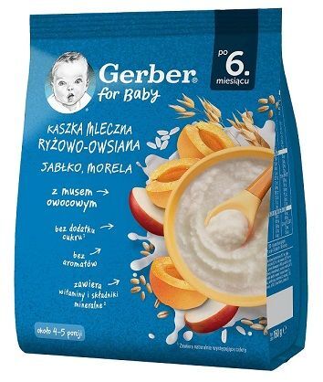 Gerber for Baby, kaszka mleczna ryżowo-owsiana, jabłko-morela, po 6 miesiącu, 160g