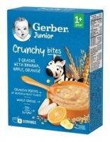 Gerber Junior, kaszka 8 zbóż, bezmleczna, banan, jabłko i pomarańcza, po 12 miesiącu, 200g