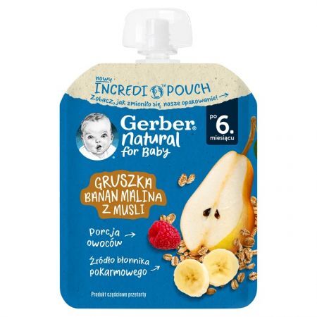 Gerber, mus owocowy, gruszka, banan i malina z musli, po 6 miesiącu, 80g