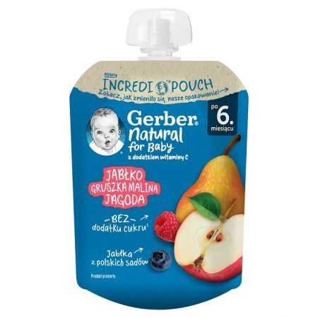 Gerber, mus owocowy, jabłko, gruszka, malina i jagoda, po 6 miesiącu, 80g