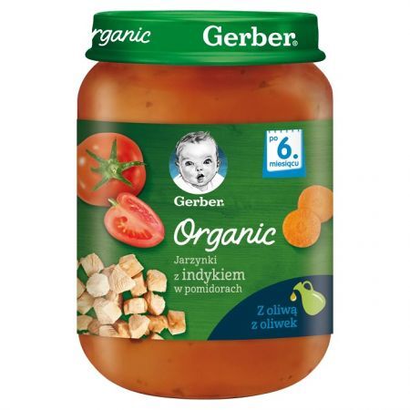 Gerber Organic, jarzynki z indykiem w pomidorach, po 6 miesiącu, 190g