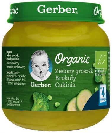 Gerber Organic, zielony groszek, brokuły i cukinia, po 4 miesiącu, 125g