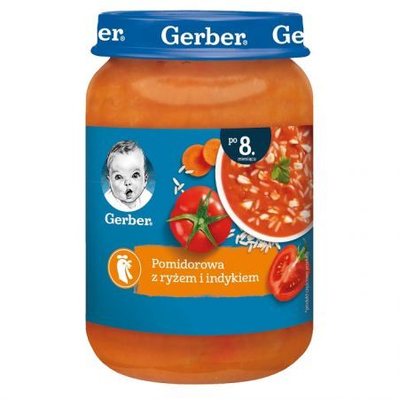 Gerber, pomidorowa z ryżem i indykiem, po 8 miesiącu, 190g