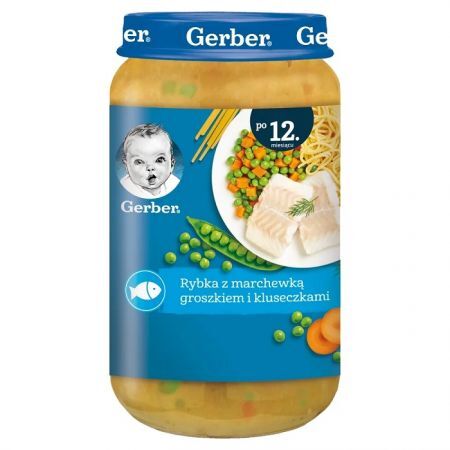 Gerber, rybka z marchewką, groszkiem i kluseczkami, po 12 miesiącu, 250g