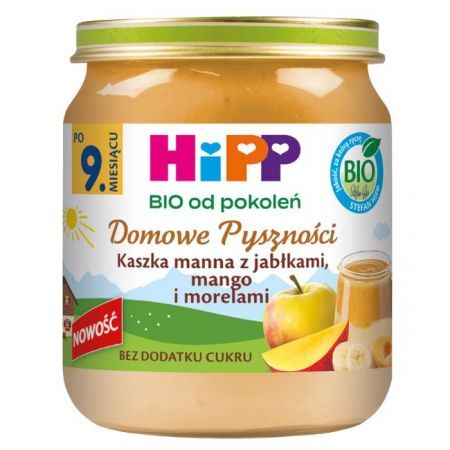HiPP Domowe Pyszności, kaszka manna z jabłkami, mango i morelami, Bio, po 9 miesiącu, 200g