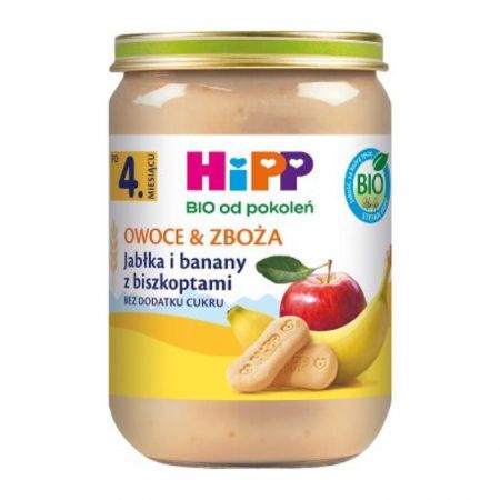 Hipp, Owoce & Zboża, jabłka i banany z biszkoptami, po 4 miesiącu, 190g