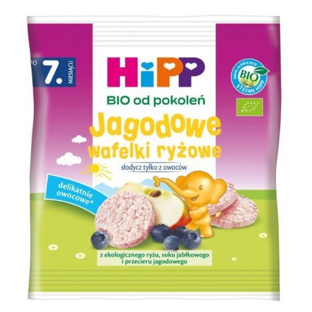 Hipp, wafelki ryżowe Bio, jagodowe, po 7 miesiącu, 30g