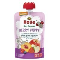 Holle, Berry Puppy, mus owocowy w tubce, jabłko, brzoskwinia, owoce leśne Bio, po 8 miesiącu, 100g