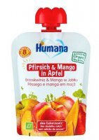Humana 100% Organic, mus owocowy, brzoskwinia i mango w jabłku, po 8 miesiącu życia, 90g KRÓTKA DATA 02/07/2022