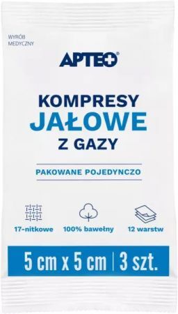 Kompresy z gazy bawełnianej Apteo, jałowe, 17-nitkowe, 12-warstwowe, 5cmx5cm, 3 sztuki