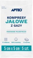 Kompresy z gazy bawełnianej Apteo, jałowe, 17-nitkowe, 12-warstwowe, 5cmx5cm, 5 sztuk