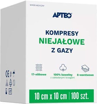 Kompresy z gazy bawełnianej Apteo, niejałowe, 17-nitkowe, 8-warstwowe, 10cmx10cm, 100 sztuk
